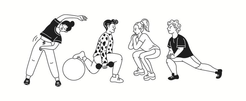 doodle characters performing various training exercises linear icons collection women and men improve body shape doodle characters set on white vector