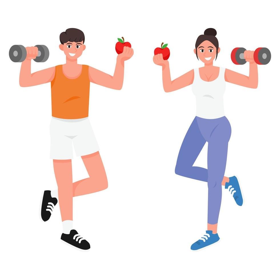 healthy young people set flat illustration isolated on white background man and woman in sportswear exercises personal trainer workout class healthy lifestyle free vector